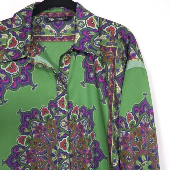 ZARA Green Floral Printed Long Button Shirt Blouse MEDIUM 8745/279 Slit Paisley - Picture 9 of 14